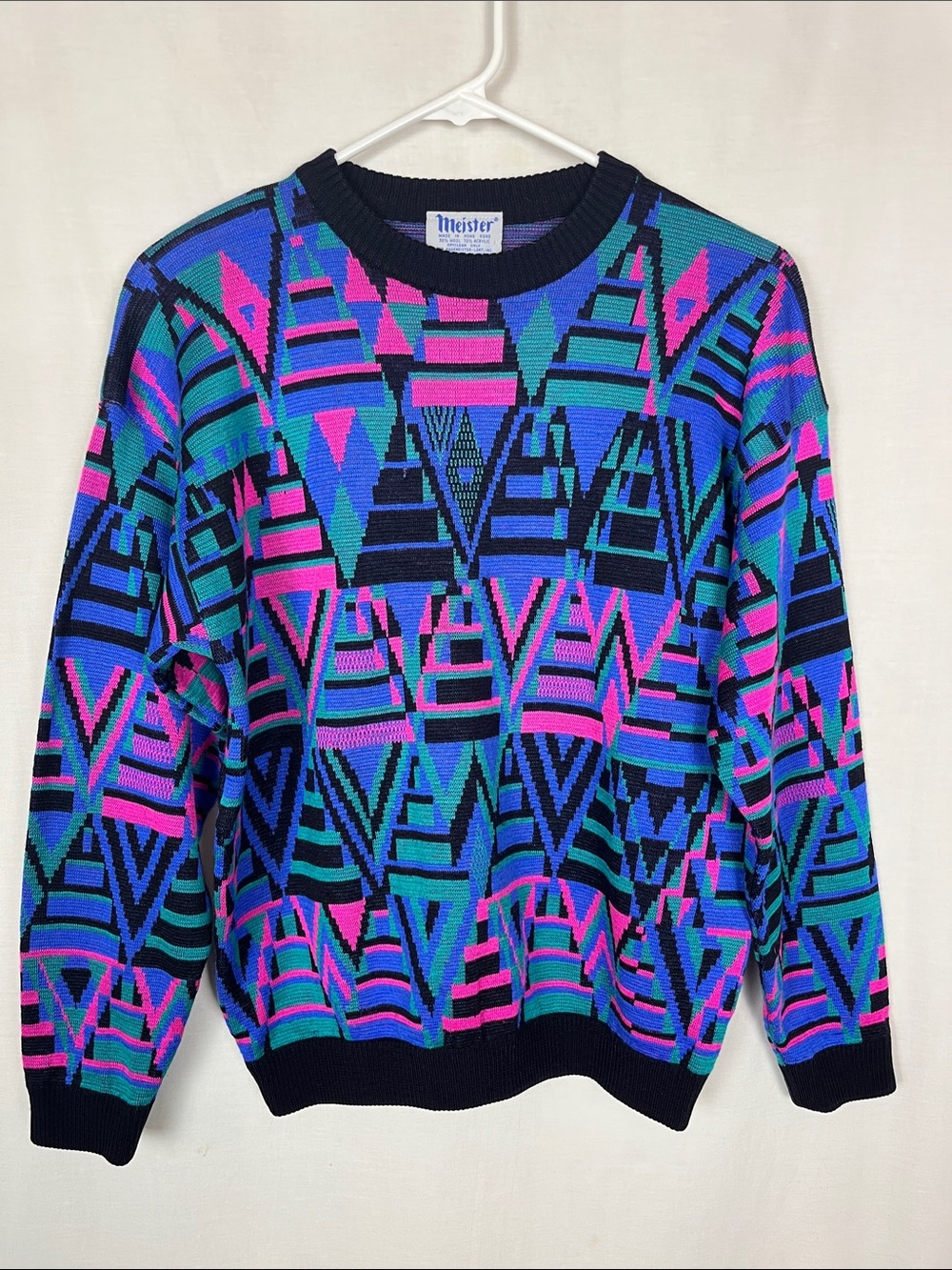 Vintage 80's Meister Blue and Pink Geometric Knit Wool Blend Sweater